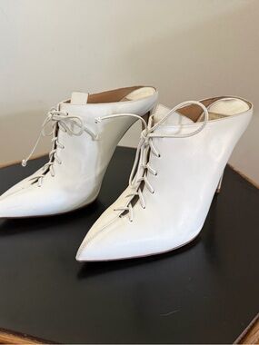 Pointed-Toe Lace-Up White Leather Mule 4” Heels